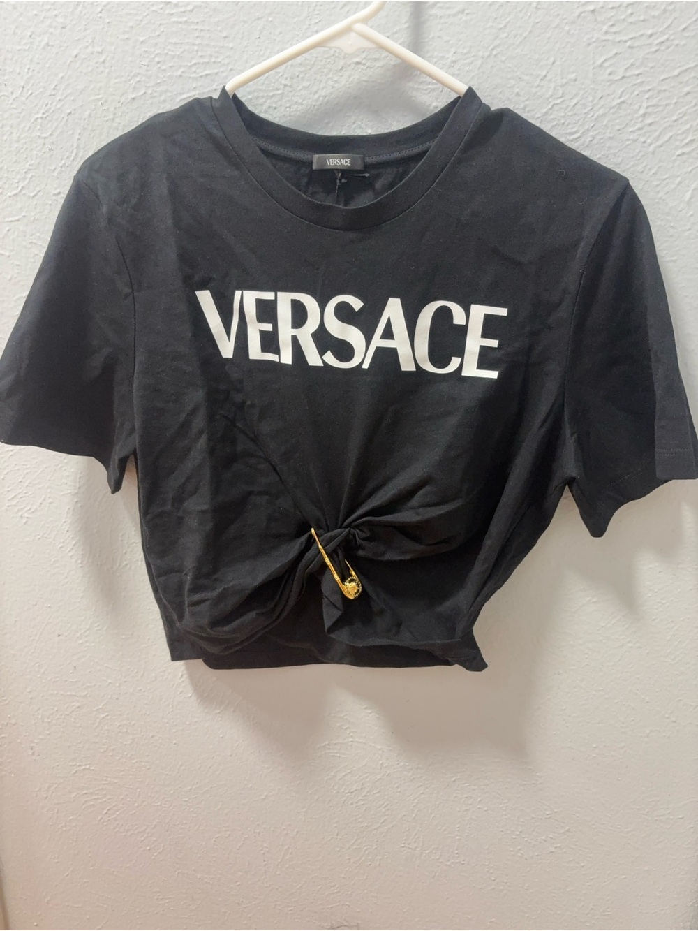 Versace Black Crop Top with White Logo and Gold Pin